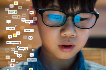 Cyberbullying - social media harassment concept. Close up of   a preteen, teenager boy's face with...