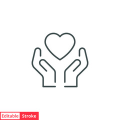 Hand heart line icon. Simple outline style. Holding, pictogram, care, graphic, life, health, save, love, give, charity concept. Vector illustration isolated on white background. Editable stroke EPS 10