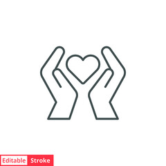 Hand heart line icon. Simple outline style. Holding, pictogram, care, graphic, life, health, save, love, give, charity concept. Vector illustration isolated on white background. Editable stroke EPS 10