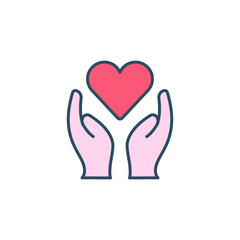 Hand heart color icon. Simple filled outline style. Holding, pictogram, care, graphic, life, health, save, love, give, charity concept. Vector illustration isolated on white background. EPS 10
