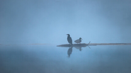 cormorant and duck on the foggy river