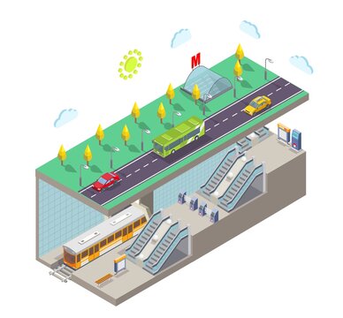 Metro Station, Flat Vector Illustration. Isometric City Street Cross Section, Subway Entrance, Train, Railway Platform.