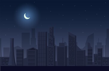 Night city blackout, vector illustration. Cityscape skyscraper silhouettes. Dark city without electricity. Power outage.