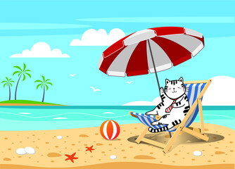 vector cat sitting on a beach chair by the beautiful sea
