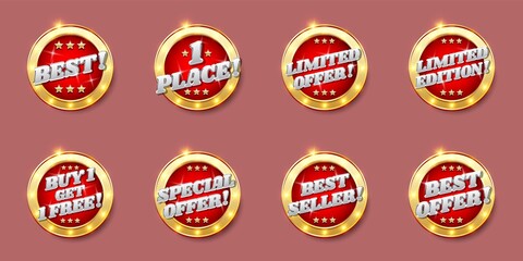 Sale, special offer badges, tags, labels, stickers, vector illustration. Realistic glossy sale promo banners, signs.