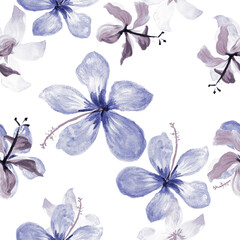 Gray Tropical Painting. Cobalt Seamless Background. White Pattern Hibiscus. Azure Flower Leaves. Navy Spring Foliage. Indigo Flora Illustration. Blue Decoration Texture.