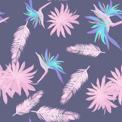 Pink Pattern Plant. Purple Seamless Painting. Blue Tropical Vintage. Coral Flower Illustration. Cobalt Watercolor Illustration. Decoration Textile. Wallpaper Textile.