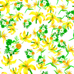 Fototapeta na wymiar Organic Seamless Background. Yellow Pattern Texture. White Tropical Painting. Green Flower Hibiscus. Natural Floral Leaf. Golden Flora Vintage. Watercolor Hibiscus.