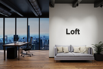 modern luxury loft with skyline view and vintage couch, wall with loft lettering, 3D Illustration