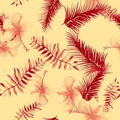 Fototapeta na wymiar Coral Tropical Leaves. Red Seamless Botanical. Scarlet Pattern Illustration. Pink Drawing Art. Ruby Flower Plant. Gray Wallpaper Art. Decoration Nature.