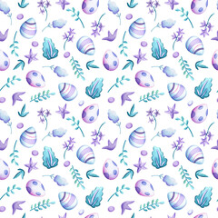 Easter eggs and spring leaf seamless pattern square tile on white background. Watercolor Easter wrapping tissue swatch. Spring holiday pastel print for home decor or nursery textile. Easter paper