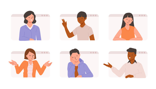 Conference call and remote meeting concept. Company co-workers sprint. Flat vector illustration with people chatting online