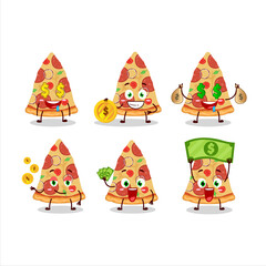 Slice of beef pizza cartoon character with cute emoticon bring money