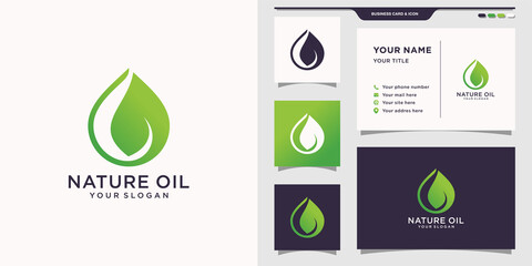 Nature oil logo with oil water droplets and business card design. Logo for natural beauty, salon, yoga and spa. Premium Vector