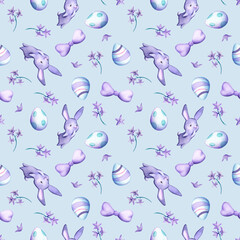 Easter eggs and cute rabbit seamless pattern square tile on blue background. Watercolor Easter wrapping tissue swatch. Spring holiday violet print for home decor or nursery textile. Easter paper