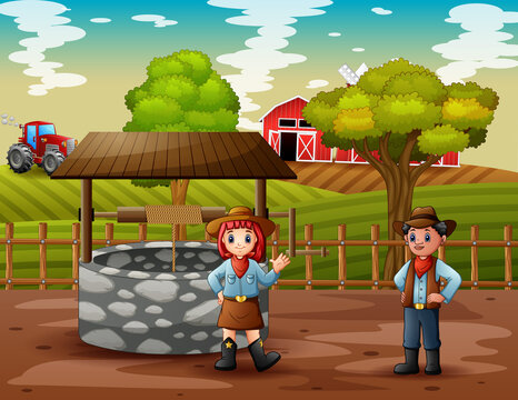 Illustration of cowboy and cowgirl in the farm