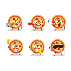 Tomato cheese pizza cartoon character with various types of business emoticons