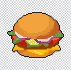 pixel art fast food burger with beef and cheese toppings