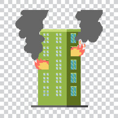 pixel art building on fire