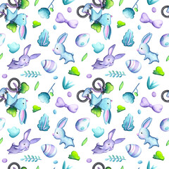 Easter eggs and cute bunny seamless pattern tile on white background. Watercolor Easter wrapping tissue swatch. Spring holiday pastel print for home decor or nursery textile. Easter paper tileable