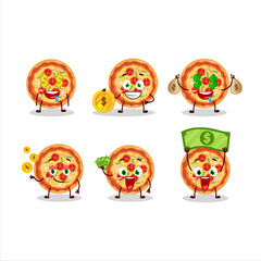 Tomato cheese pizza cartoon character with cute emoticon bring money