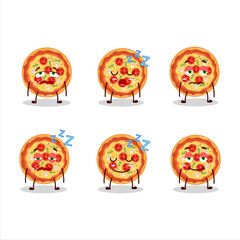Cartoon character of tomato cheese pizza with sleepy expression