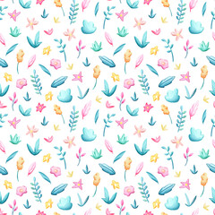 Spring flowers and leaves seamless pattern square tile on white background. Spring floral paper decor. Pastel flower and leaf seamless pattern swatch for wrapping paper. Spring holiday Easter print