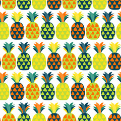 Contemporary aesthetics in an abstract seamless pattern. Bright pineapples in a free geometric shapes. The concept of a holiday, fun, happiness, summer. The objects are uncut and editable, the drawing