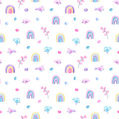 Cute birds and rainbows seamless pattern on white background. Spring holiday wrapping paper tile. Easter watercolor print for home decor, nursery textile, wrapping tissue. Cute pattern swatch