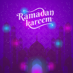 ramadan kareem text greeting with mosque and lettering background