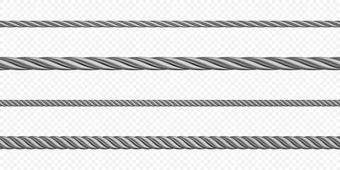 Metal hawser, rope, steel cord of different sizes, silver colored twisted cables or strings. Decorative sewing items or industrial objects isolated on transparent background Realistic 3d vector set