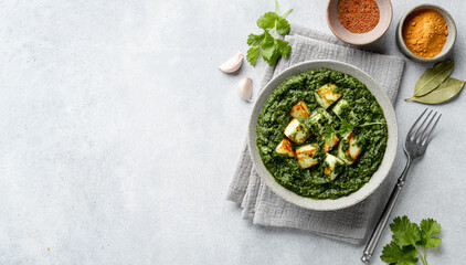 Palak Paneer on concrete background, top view, copy space