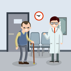 Old senior man in doctor office in hospital. Cute Grandfather. Providing medical care. Two character. Trauma patient. Happy grandparent. Cartoon flat illustration