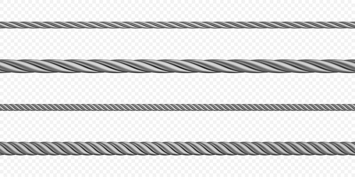 Metal hawser, rope, steel cord of different sizes, silver colored twisted cables or strings. Decorative sewing items or industrial objects isolated on transparent background Realistic 3d vector set