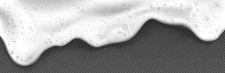 White soap foam, suds of detergent, cleaning gel or shampoo. Vector realistic illustration of froth with air bubbles in laundry, foam from beer or fizzy drink isolated on transparent background - obrazy, fototapety, plakaty