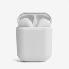 White wireless earbuds case mockup digital earphones