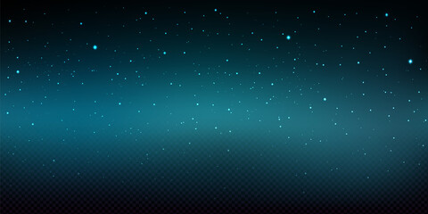 Night sky background with shiny stars. Christmas wallpaper with falling snow texture. Vector realistic illustration of starry space, dark blue sky with snowfall on transparent background
