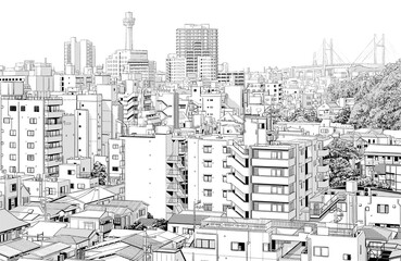 漫画風ペン画イラスト　街並 © haikeisouko