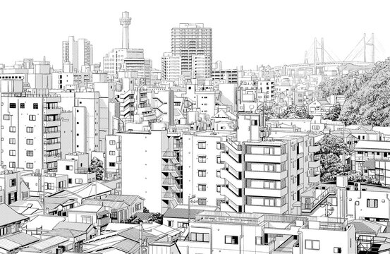 漫画風ペン画イラスト　街並