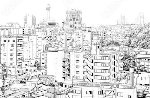 漫画風ペン画イラスト 街並 Wall Mural Aerial Aerial Wallpaper Murals Haikeisouko