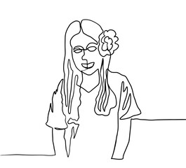 Long hair woman with flowers and smile continuous line on white background,vector illustration.