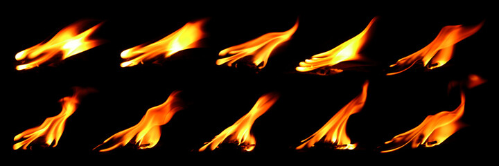 Set of 10 flame images, set on a black background. Thermal power