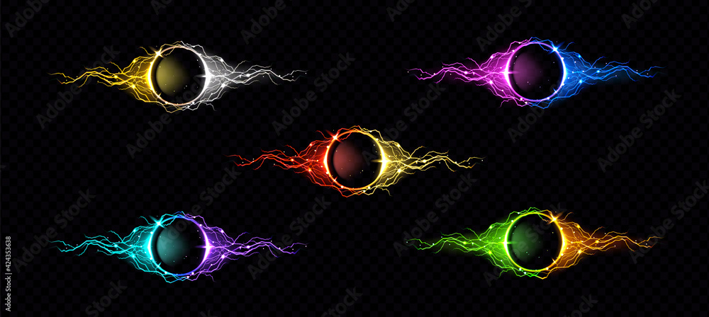 Poster electric lightning ring with color glow effect. illuminated neon round frames. vector realistic digi