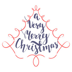Obraz premium A very merry Christmas quote, handwritten lettering with red ribbon, isolated on white, vector illustration