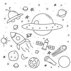 Set of galaxy planet doodles isolated on white background. 