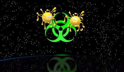 3D Illustration. COVID 19 virus drawing and Biohazard symbol. Health care. Public Health Emergency of International Concern. Biological hazard. Icon in the sky and reflection in the water. Cosmos.