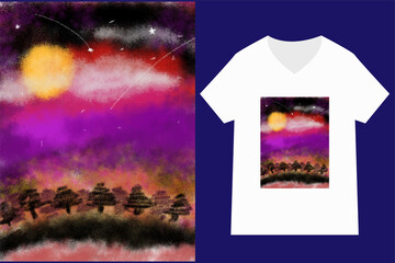 Crayon night view landscpae with tshirt mockup design