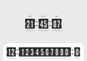 Retro design score board floating clock template. Vector modern ui design of old time meter with numbers. Scoreboard number font isolated on transparent background