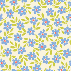Colorful Small Scale Hand-Drawn Floral Vector Seamless Pattern. Retro 70s Style Nostalgic Fashion Textile Bold Background. Summer Resort Print. Ditsy Daisies. Flower Power