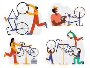 Bicycle repair. The mechanic repairs the bicycle, the mechanic inflates the wheels. Web graphics, banners, advertisements, business templates.